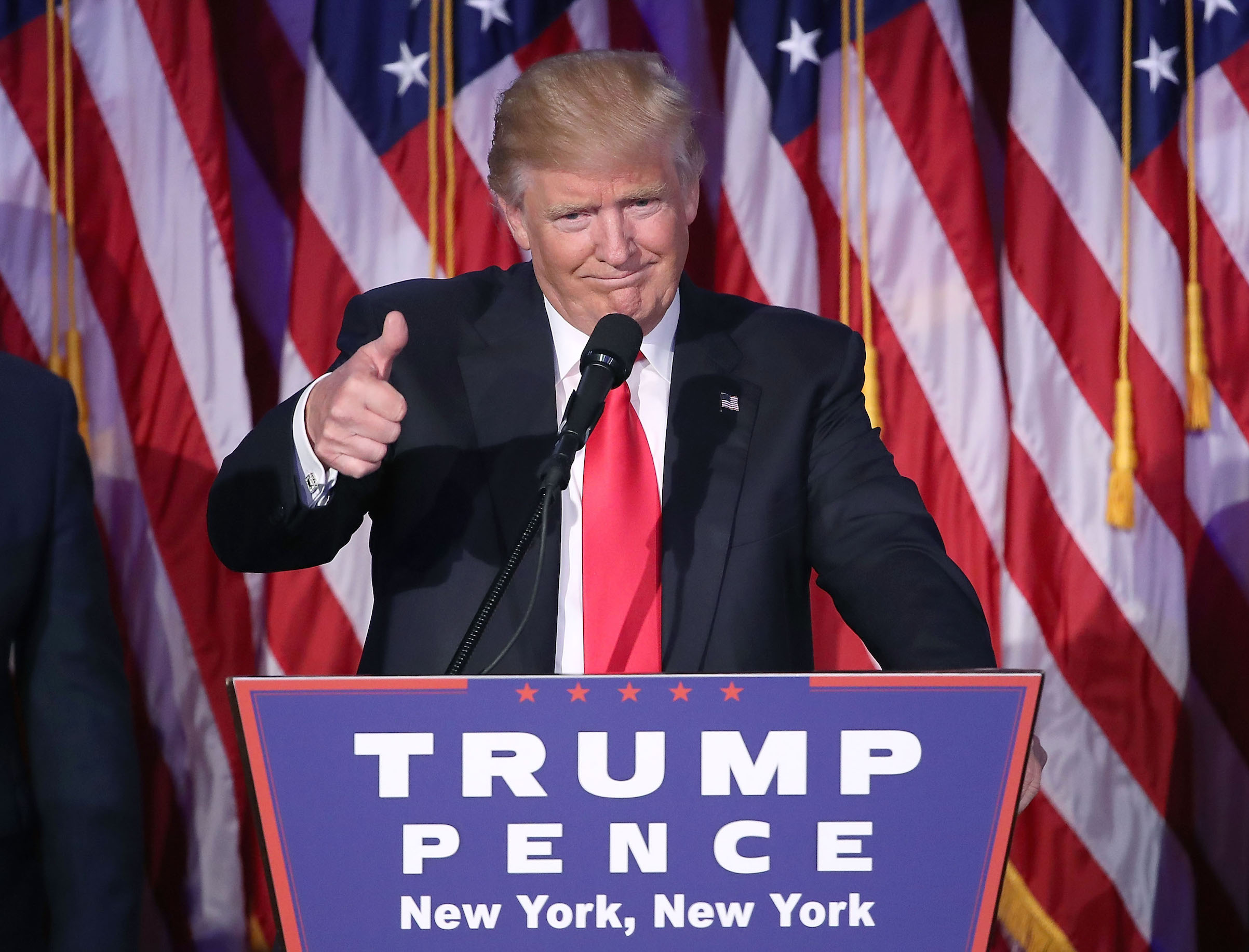 President-elect Donald Trump celebrates on election night on Nov. 8, 2016 in New York City.