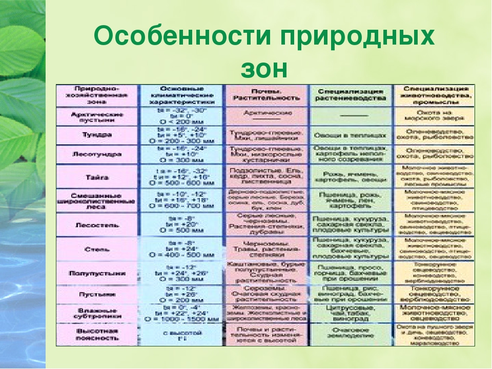 Географические зоны 7 класс. Характеристика природных зон таблица 7 класс география.