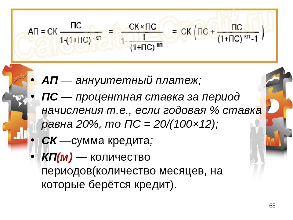 Аннуитетный платеж формула: Как посчитать платеж по кредиту — сумма ежемесячных взносов