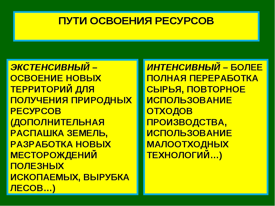 Экстенсивные методы в экономике. Пути освоения ресурсов. Экстенсивный путь освоения природных ресурсов. Интенсивный и экстенсивный путь развития. Интенсивное и экстенсивное природопользование.