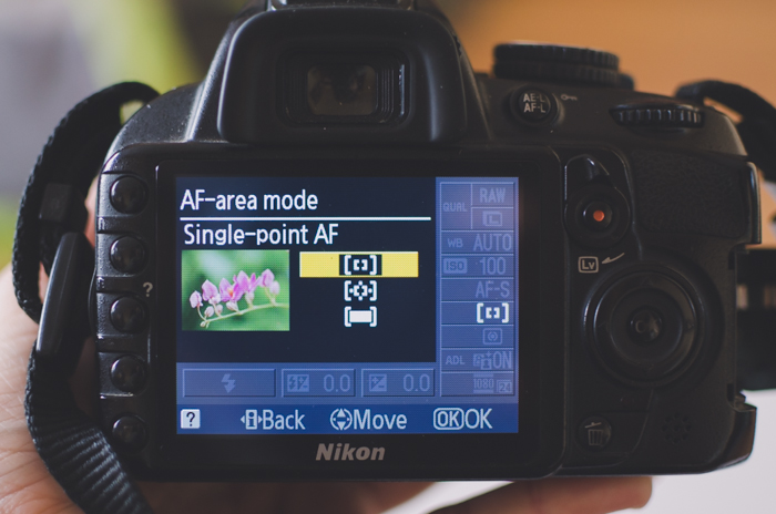 The screen of a Nikon DSLR showing AF-area mode settings 