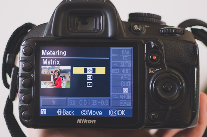 The screen of a Nikon DSLR showing metering settings 