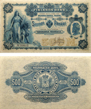 В 1860 году Финляндия получила собственную денежную единицу – финляндскую марку, которая использовалась вплоть до перехода на евро. Поскольку в те времена страна еще входила в состав Российской империи, на банкноте видна надпись на русском языке. На фото: банкнота 1898 года номиналом в 500 марок.