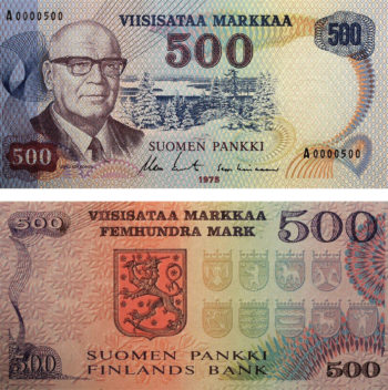 С 1955 по 1986 год в Финляндии выпускали банкноты с портретами выдающихся финских спортсменов, государственных и культурных деятелей. На фото: банкнота в 500 марок 1975 года с изображением восьмого президента Финляндии Урхо Калевы Кекконена. 