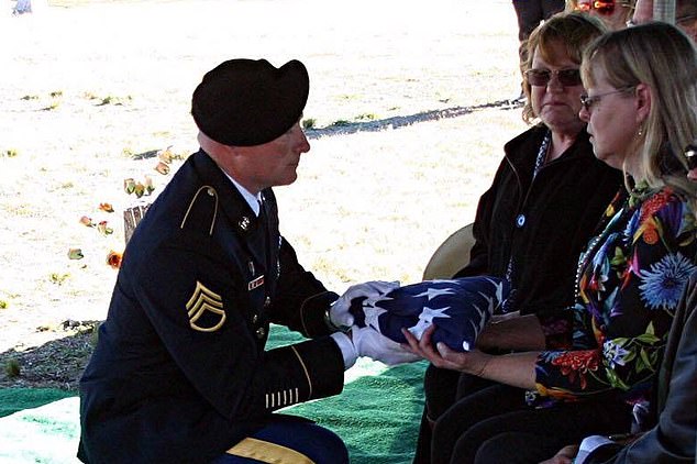 Max Cronin had been in the US Army prior to his 2016 suicide. After his funeral (pictured), his mother, Dr Nancy Burleson (right) started Lasiksuicides.com where she advocates against the procedure 