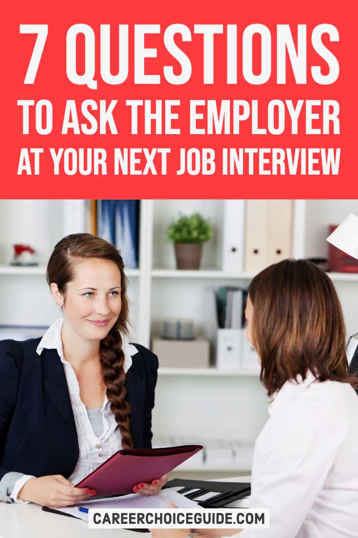 Manager interviewing a job seeker. Text overlay - 7 questions to ask the employer at your next job interview.