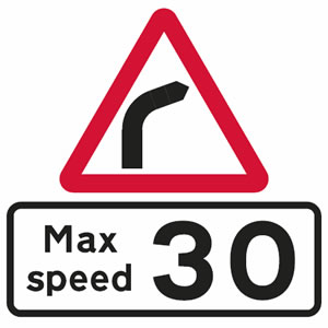 Recommended maximum speed limit bend in road sign