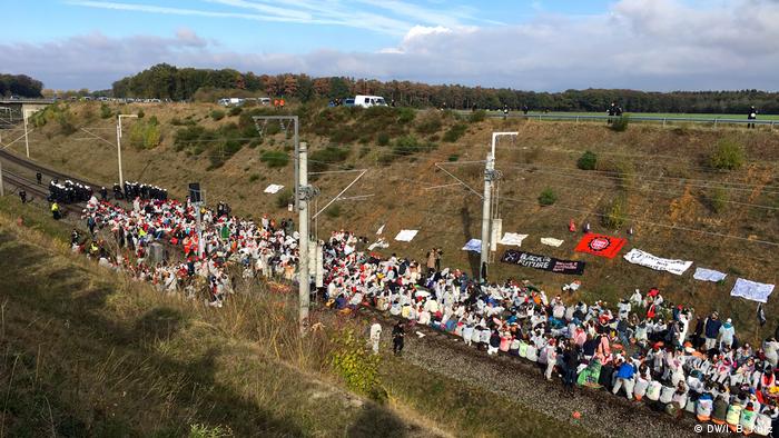Protesters block the Hambach coal train rail line