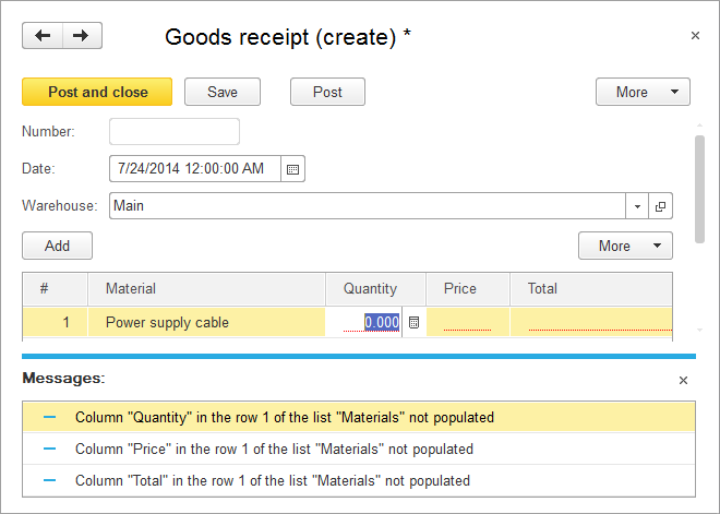 Lesson 4 (1:30). Documents / The Goods receipt document / In 1C:Enterprise mode / Adding Goods receipt documents