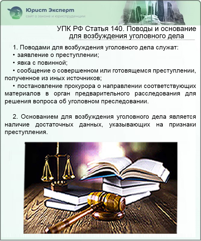 УПК РФ Статья 140. Поводы и основание для возбуждения уголовного дела