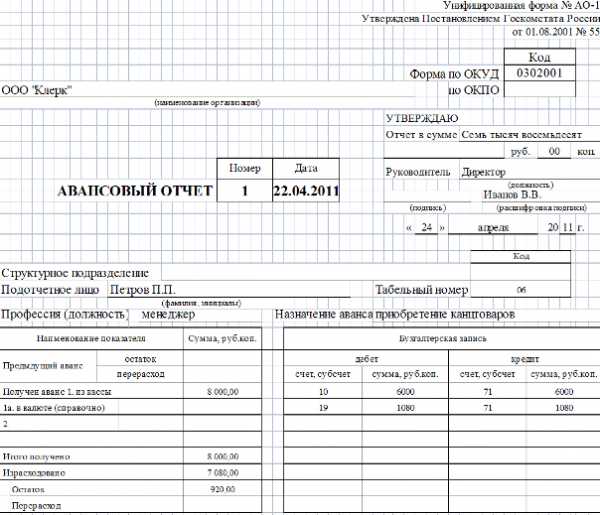 Как заполнять авансовый отчет образец заполнения