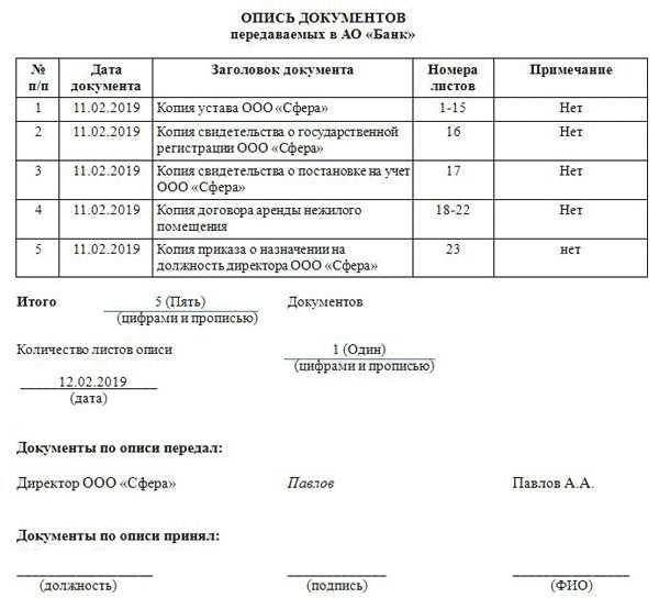 Образец описи документов для передачи в архив