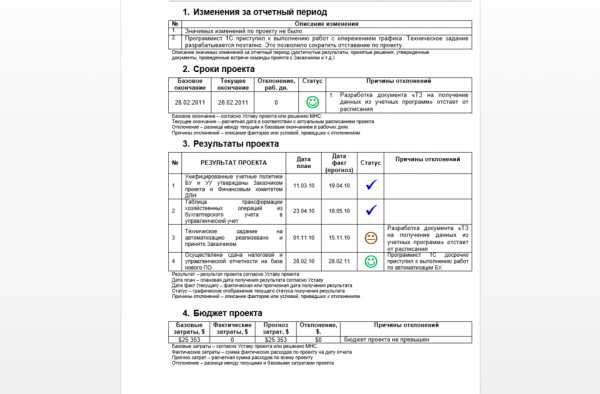 Статус отчеты по проекту 1с