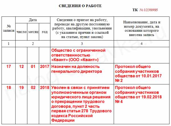 Образец записи в трудовой книжке об увольнении по истечении срока трудового договора