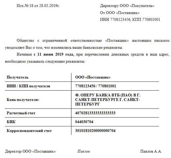 Письмо об изменении банковских реквизитов организации образец