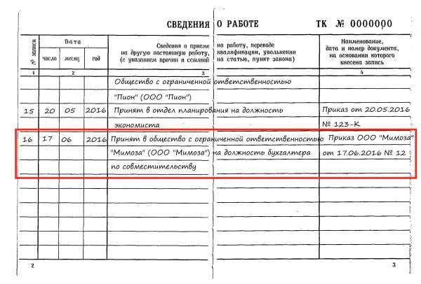 Совмещение должностей запись в трудовой книжке образец