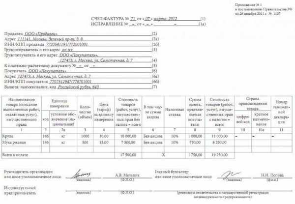 Перевыставленная счет фактура от агента образец